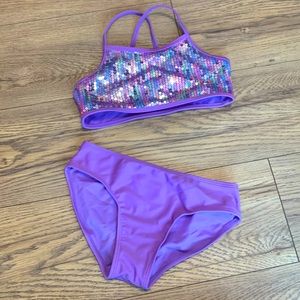 Purple sequence girls bathing suit. Size large (10/12)